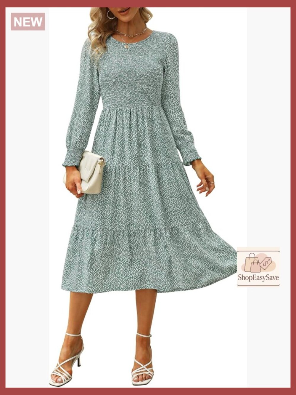 Boho Floral Midi Dress Long Sleeve Smocked Tiered with Pockets Wedding Guest
